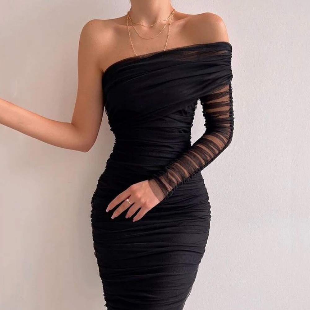 Pofash One Shoulder Long Sleeve Mesh Midi Dress